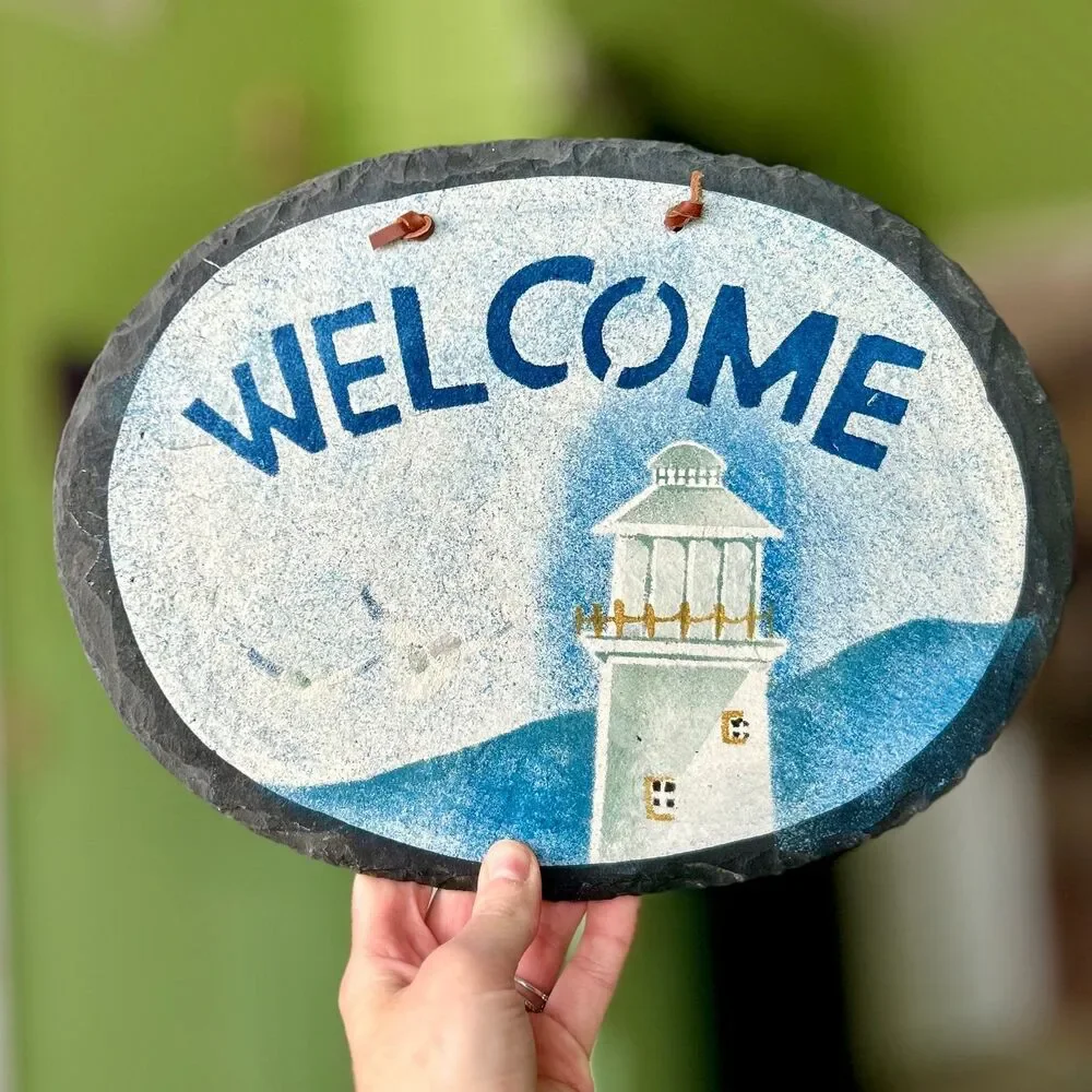 VTG Nautical Lighthouse Beacon Blue Stone Welcome Wall Sign